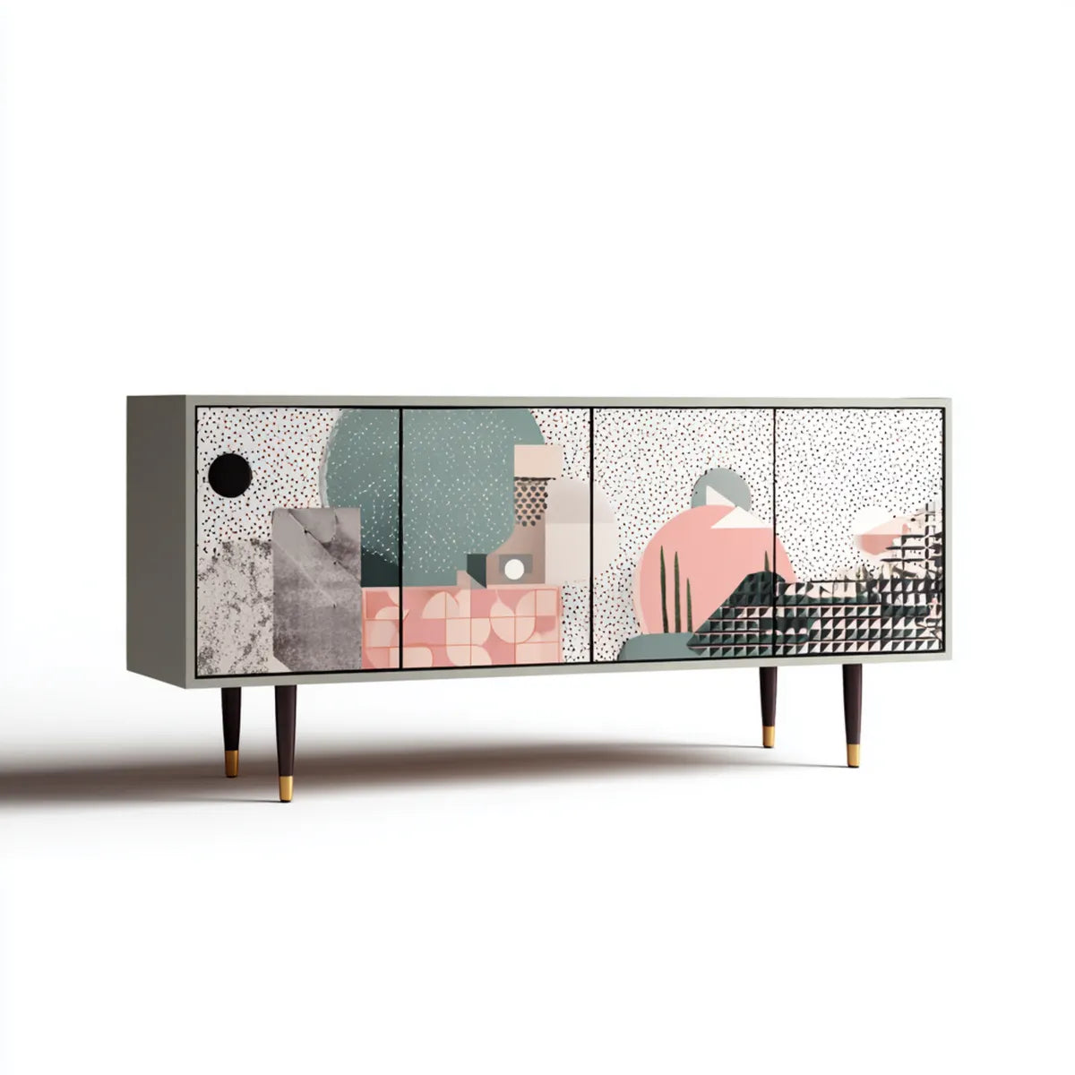Witryna, Niska boczna 4 drzwi biały różowy zielony szary i czarny 180 x 40 x 80 cm w prostokątnych panelach MDF