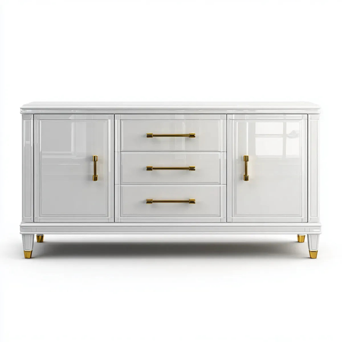 Witryna, Biała błyszczący stołówka w formie bufetu 180 x 45 x 90 cm w prostokątnym MDF z 2 drzwiami i 3 szufladami