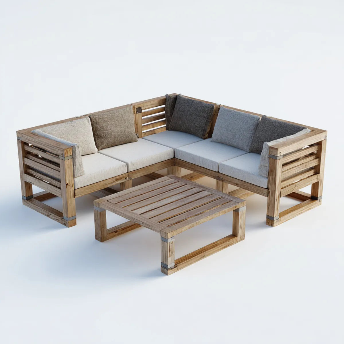 Sofa ogrodowa, Taras narożny zestaw salonowy 3-częściowy przyroda szary beż z litego teku w kształcie litery 220 x 220 x 70 cm z tabeli 100 x 60 x 40 cm