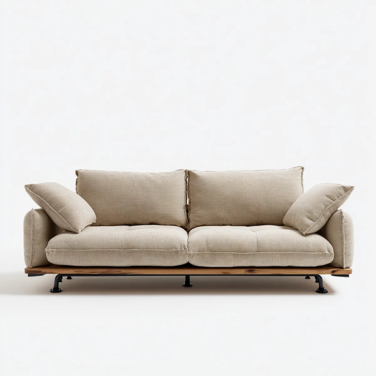 Sofa, 3- fotela Beżowa 220 x 95 x 78 cm z tapicerką poliestrową z litego drewna ramka i nóżki stalowe prostokątne