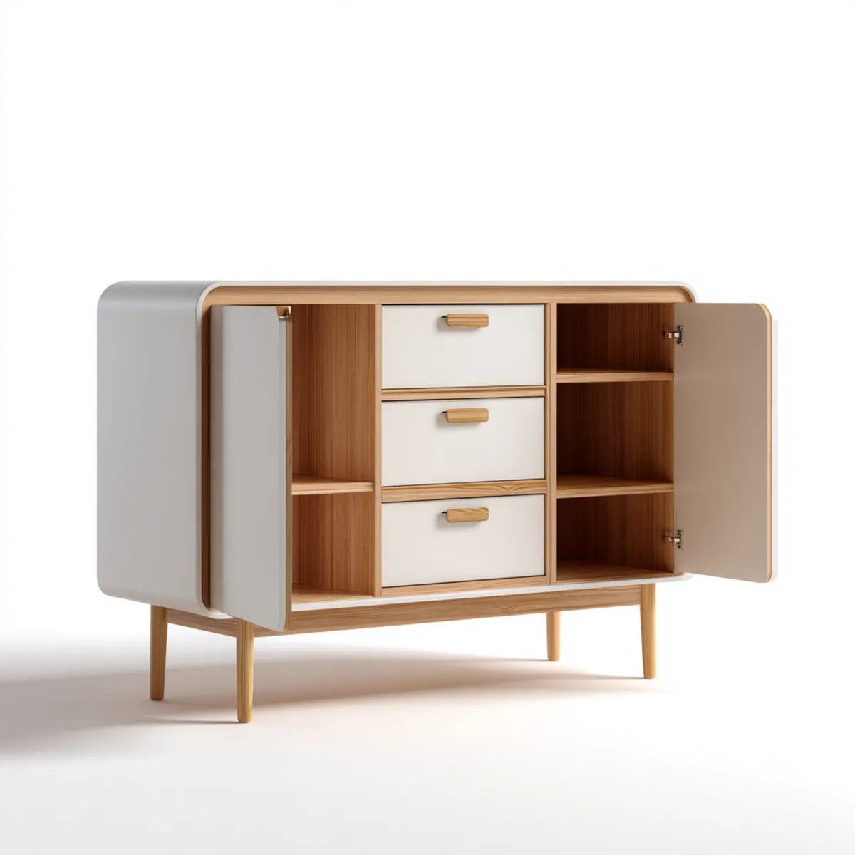 Witryna, Magazynowanie bufet 2 drzwi 3 szuflady biały i dąb 140 x 45 x 95 cm w prostokątnym dębowym MDF