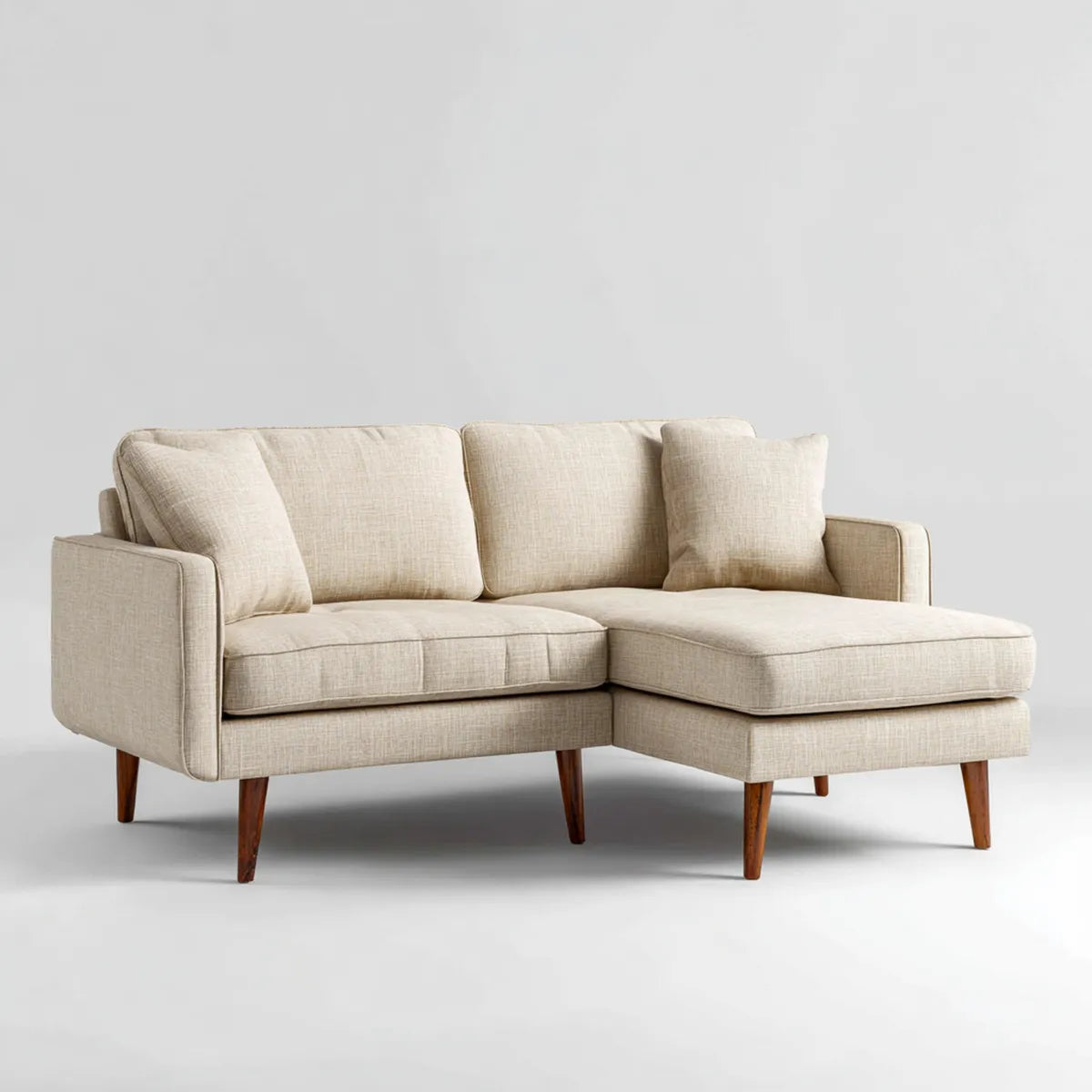 Sofa, Kanapa narożna 3 fotele z krzesełkiem z prawej beżowej 220 x 150 x 85 cm w poliestrze i litym drewnie
