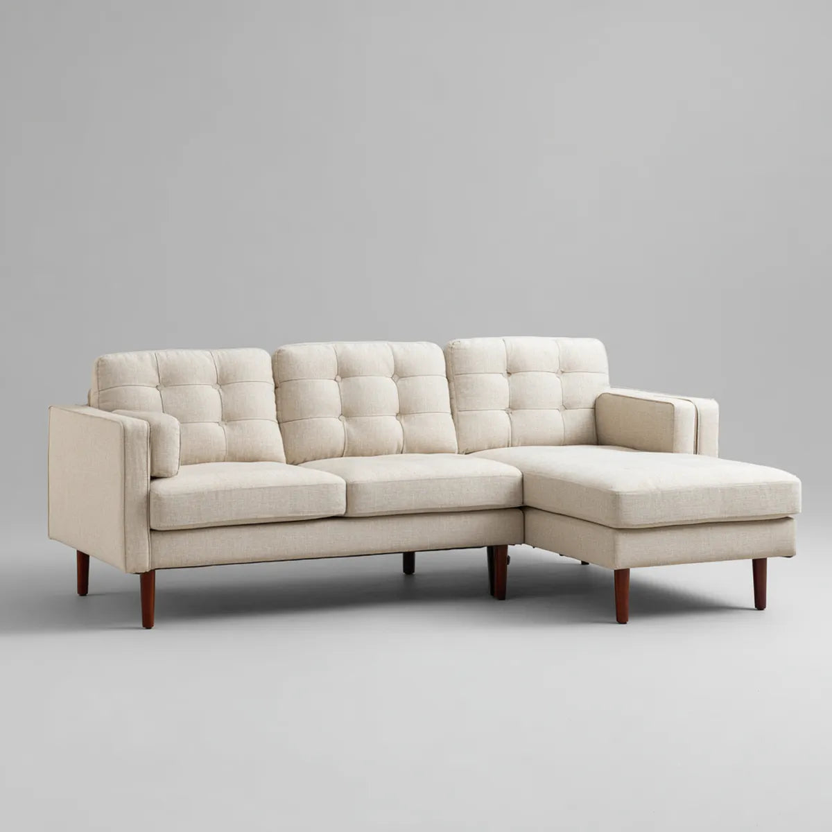 Sofa, Kanapa narożna 3 fotele z krzesełkiem z prawej beżowym poliestrem 230 x 150 x 86 cm