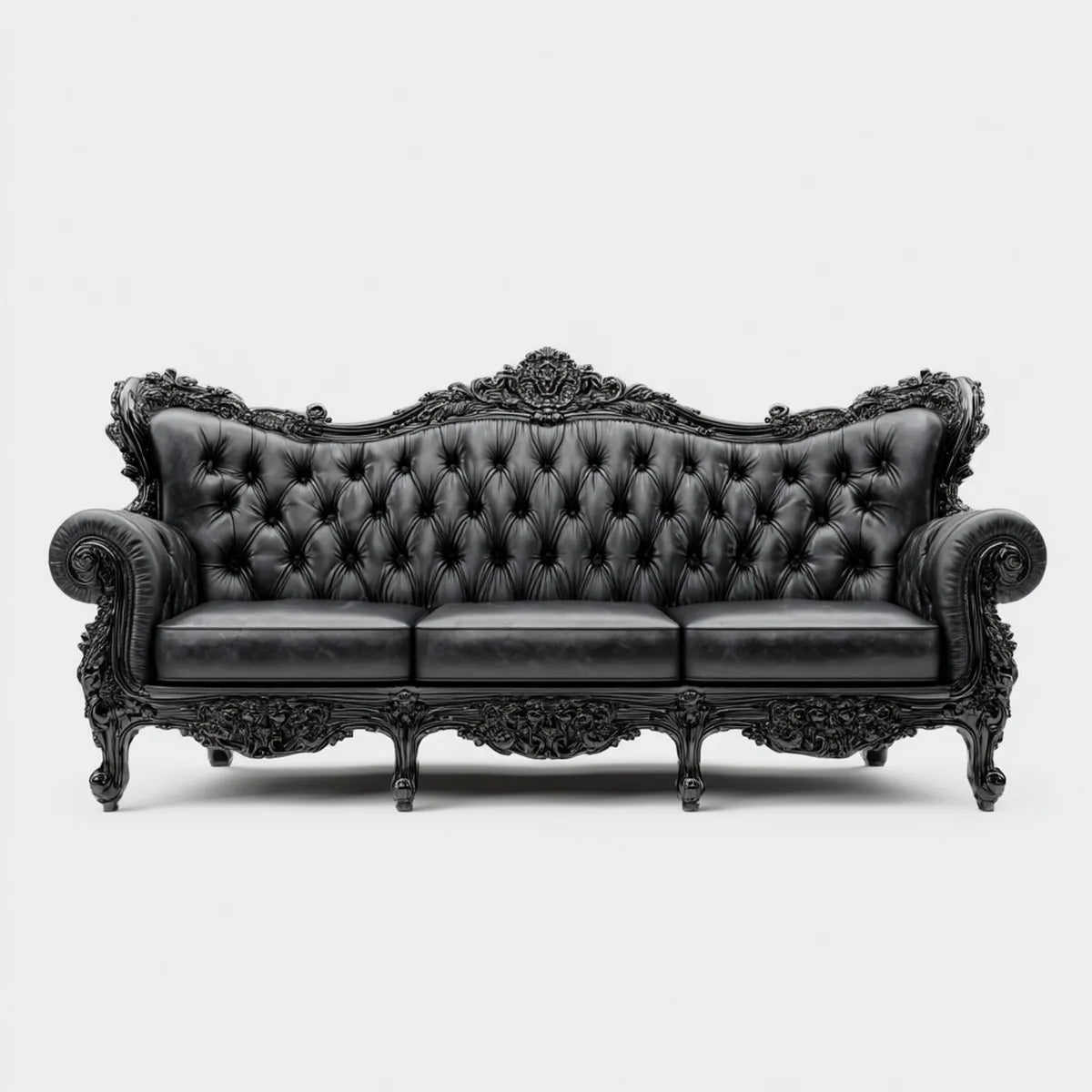 Sofa, Chesterfield czarny syntetyczna kanapa PU z prostokątnym litym drewna ramka 230 x 95 x 125 cm