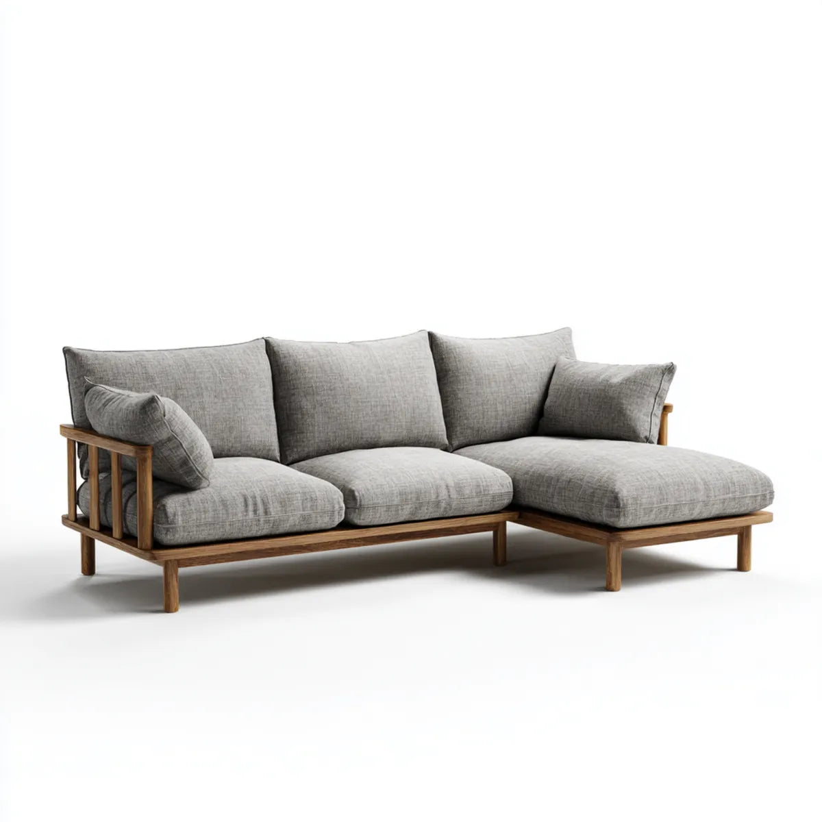 Sofa narożna 3 fotele szare z krzesełkiem o długości 250 x 160 x 78 cm w poliestrze i litym drewnie