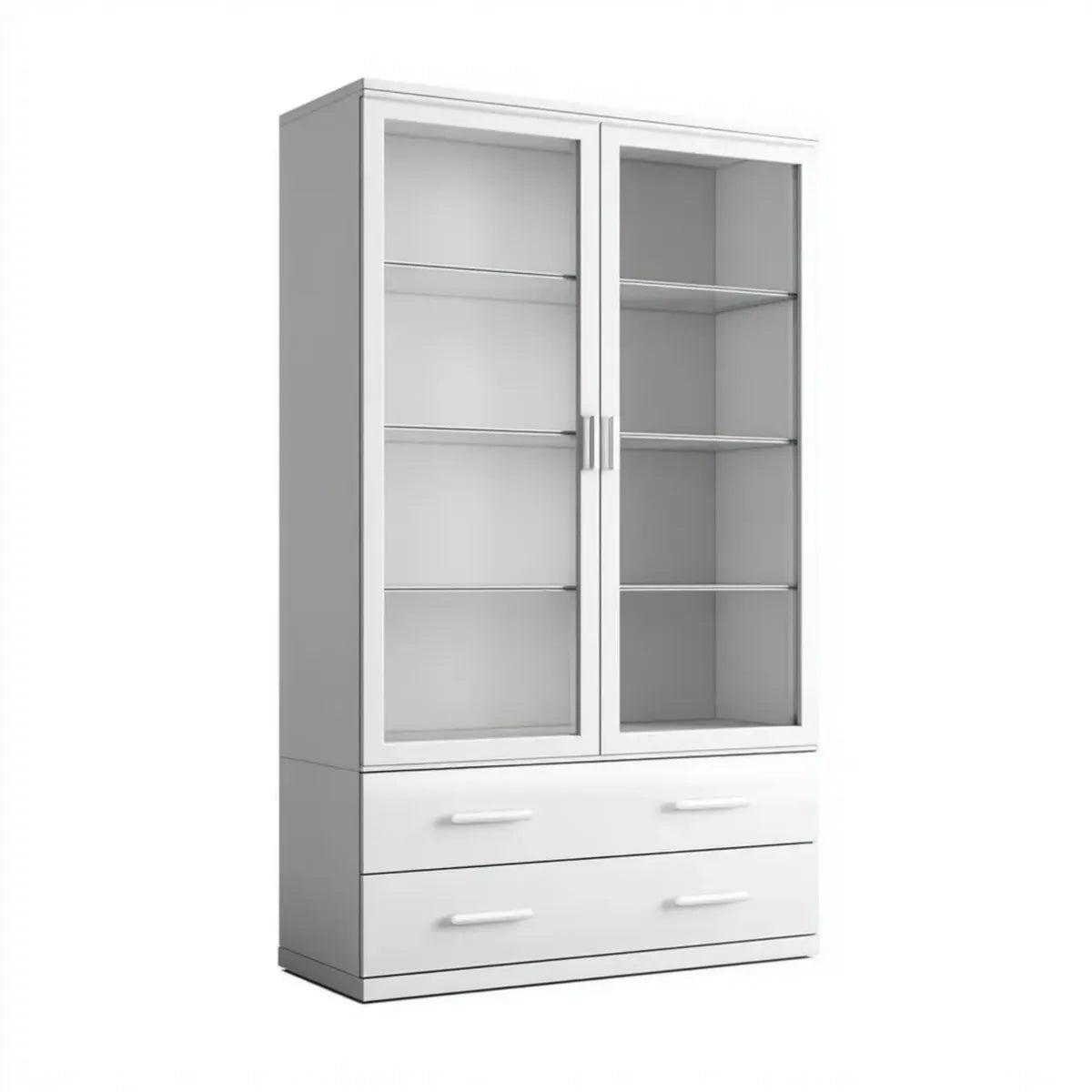 Witryna, Białe prostokątne okno salonu w panelach cząstek stałych i hartowane szkło 80 x 40 x 180 cm z 2 drzwiami i 2 szufladami