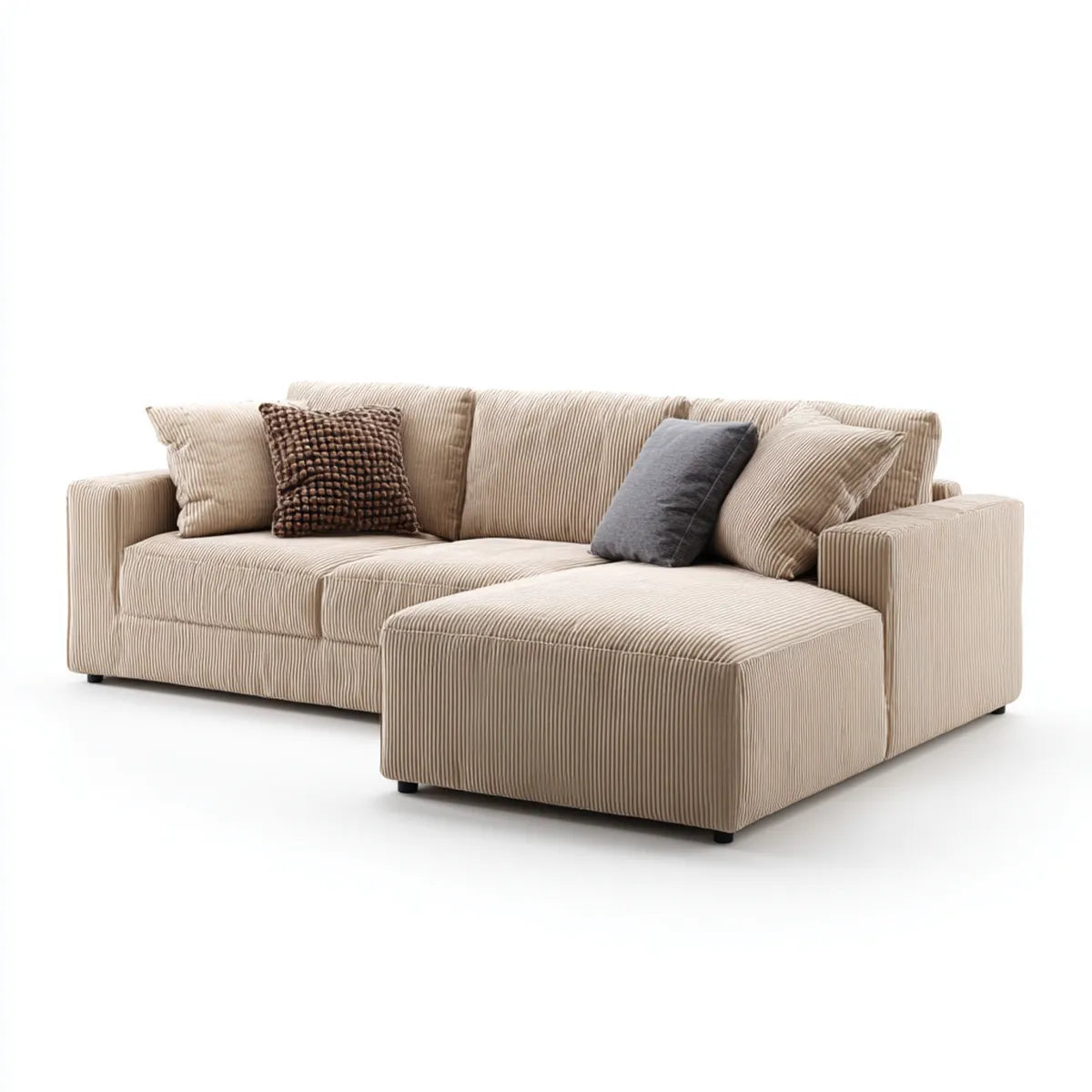 Sofa, Kanapa narożna z szewcem z beżowym aksamitem z poliestru, z wstążką 280 x 165 x 85 cm
