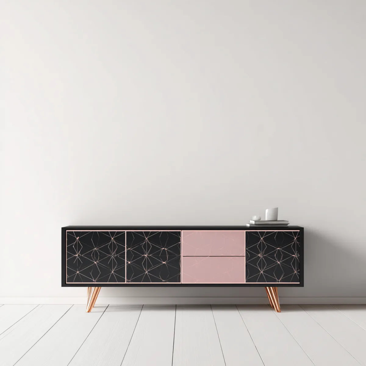 Witryna, Czarno-różowa podstawa do przechowywania w formie bufetu 160 x 40 x 75 cm w prostokątnym MDF z 2 drzwiami i 2 szufladami